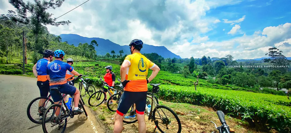 Cyclists in charity jerseys pausing with their bikes on a hill road beside the tea, mountains and clouds beyond