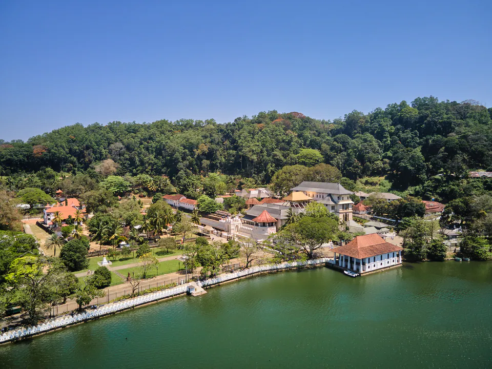 The Temple of the Sacred Tooth Relic and the shore of Kandy Lake from the air