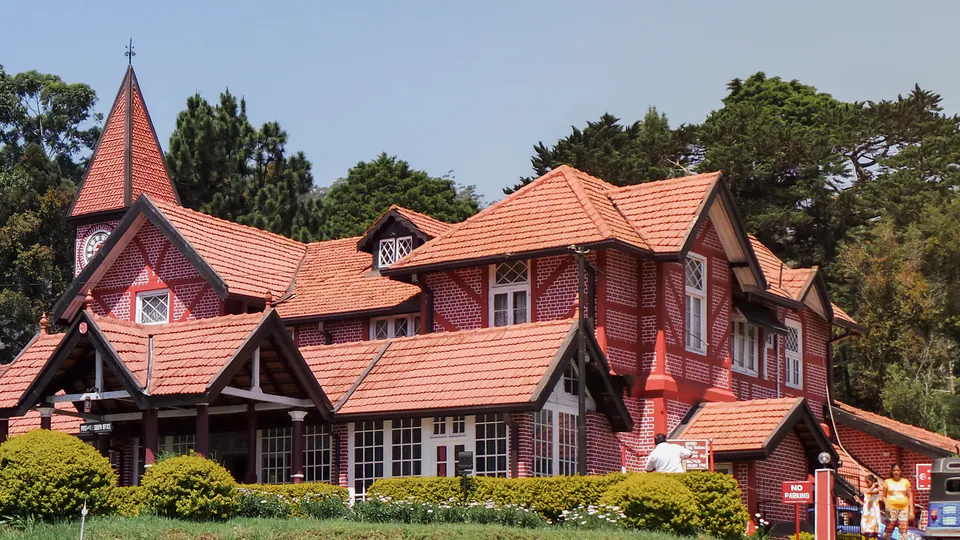The red-brick, Tudor-style post office of Nuwara Eliya with its clock tower and tiled roofs