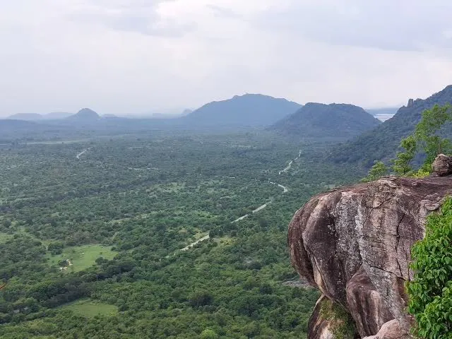 The view from Danigala rock over a vast forested plain to distant hills