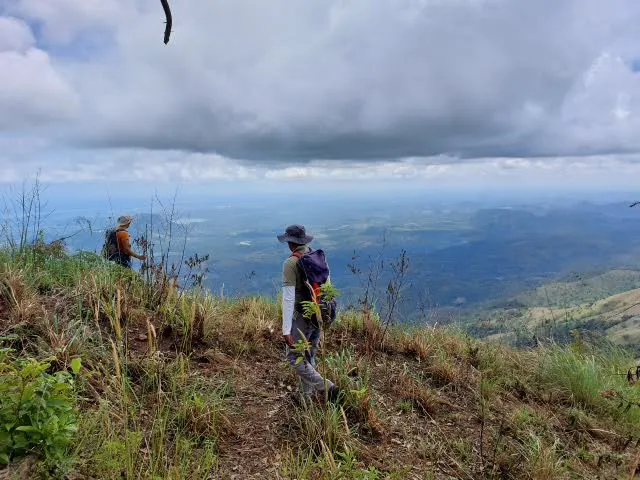 Two trekkers in hats walking a grassy escarpment edge high above the hazy plains